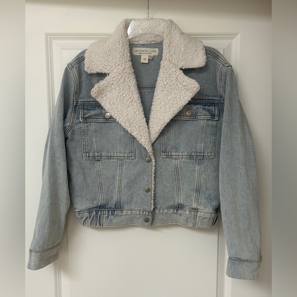 Saltwater LUXE Cream Sherpa Jacket with Denim Collar